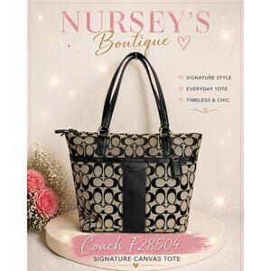 Coach F28504 Signature Canvas Tote Black Tan Patent Leather Bag